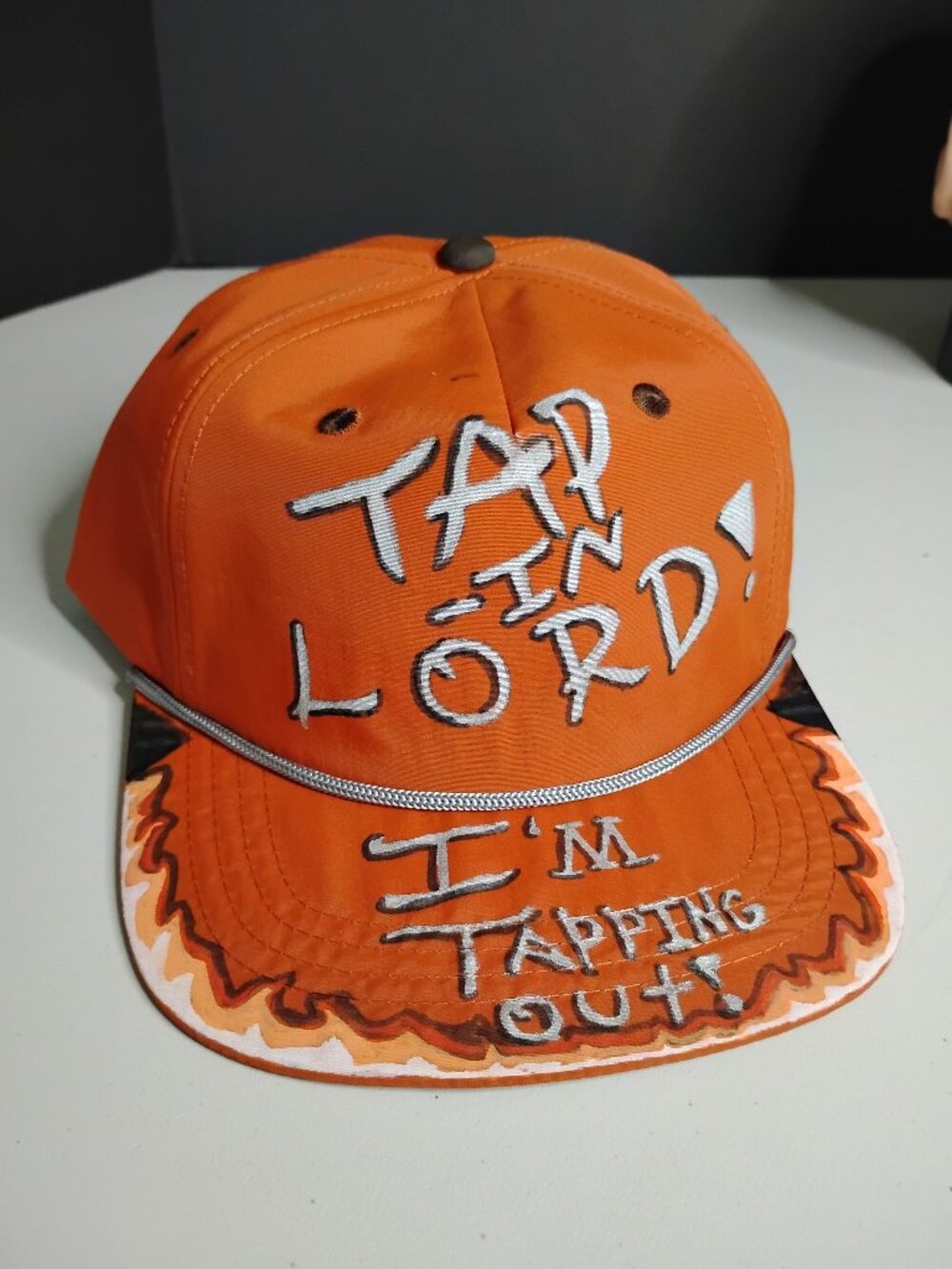 Hand Painted Christian Baseball Hat Cap "Tap In Lord, I'm Tapping-Out!" Orange